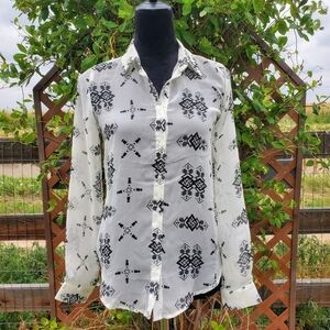 Poof Black and Ivory White Patterned Sheer Women's Blouse Size Small EUC